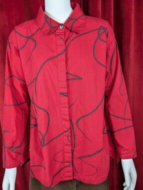 Snapdragon & Twig Red & Black Ribbon Long Sleeve Button Up Oversized Blouse